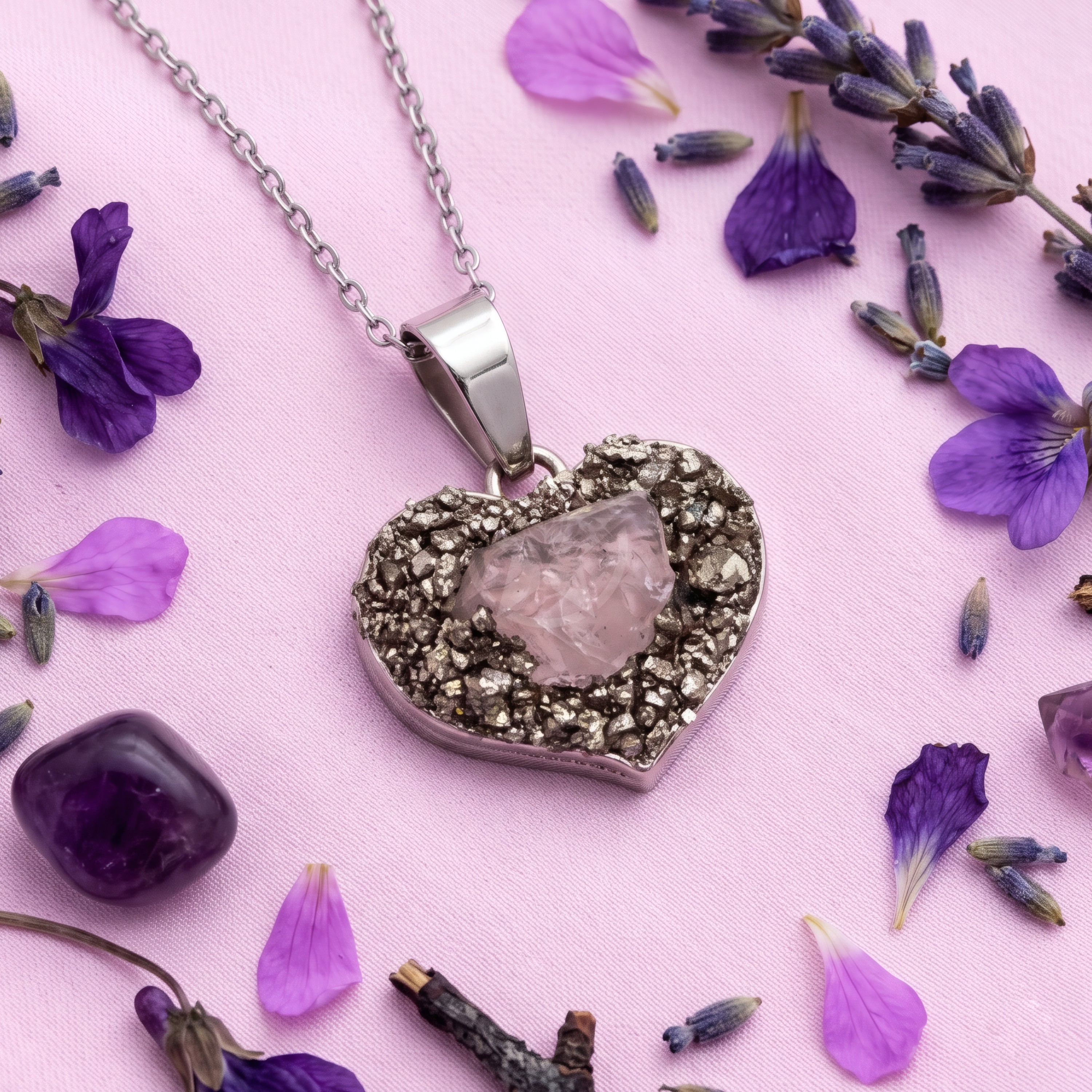 Collar Corazón De Atracción Cuarzo Rosa Pirita