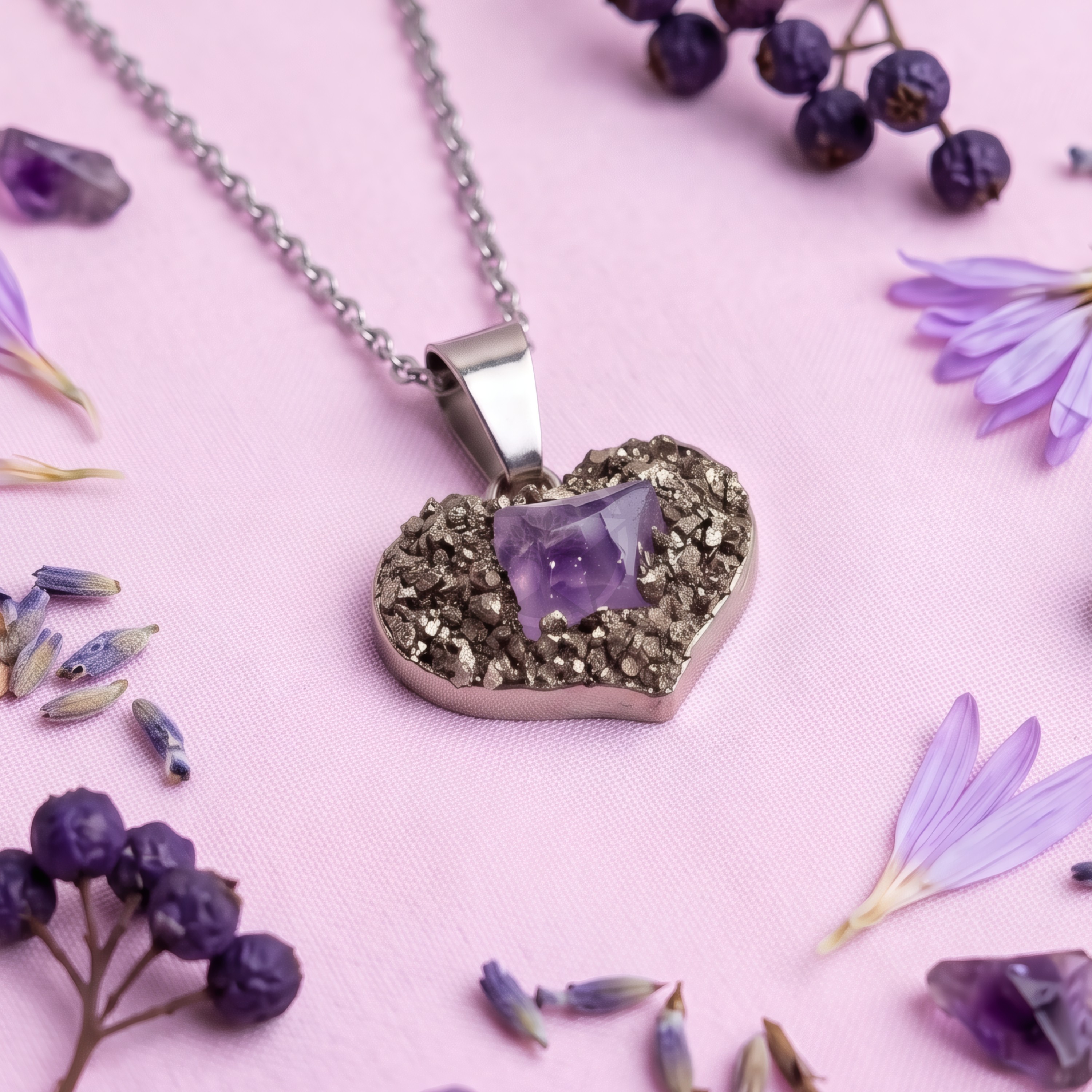 Collar Corazón De Prosperidad Amatista Pirita