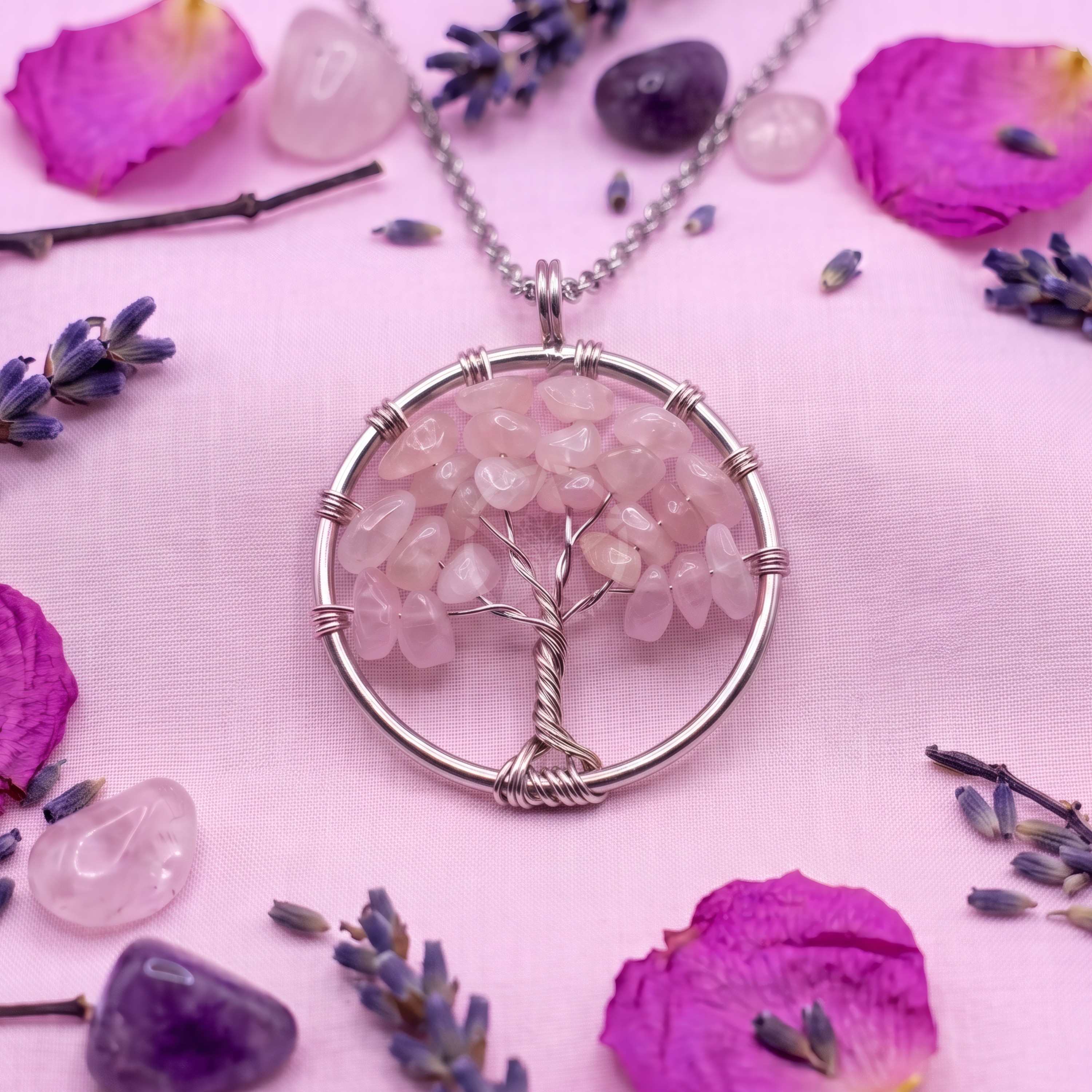 Dije Árbol De La Vida De Cuarzo Rosa